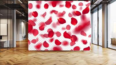 Seamless pattern with realistic flying red rose petals on transparent background. Repeating texture with voluminous blurred falling burgundy petal. Vector illustration with blur effect. Wall mural