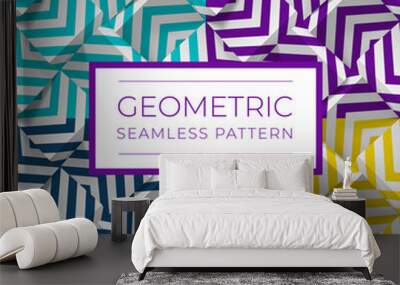 Set of colorful geometric seamless patterns. 3d cubes with strips. Illustration for wallpapers, textile, fabric, wrapping paper, backgrounds. Texture with volume extrude effect. Vector template. Wall mural