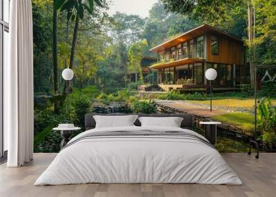 02090130 50 Malaysian rainforest villa, contemporary countryside home with eco-friendly design and natural materials, surrounded by dense tropical forest and a private stream, bright morning sun Wall mural