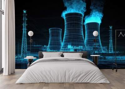 5w A digital art rendering of the nuclear power plant with blue glowing accents, showcasing energy production and technology elements in a wireframe Wall mural