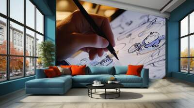 A close-up of a hand drawing on a digital tablet, creating animated characters and scenes. Wall mural