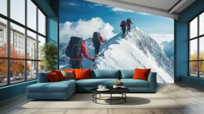 A group of mountaineers ascending a snowy peak, roped together for safety. Wall mural