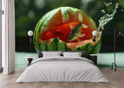 A hollowed-out watermelon rind used as a fish tank, with a few small fish swimming inside. One fish is leaping out of the water. Wall mural