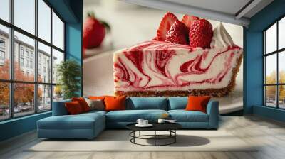 A scrumptious slice of strawberry cheesecake, food photography, Instagram post, with red and white swirls. Wall mural