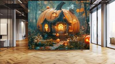 Bookmark. 2D, Fantasy. a beautiful stunning house inside a pumpkin. The atmosphere of fairy tale, COLORFUL. Close up, 8k ultra HD Wall mural