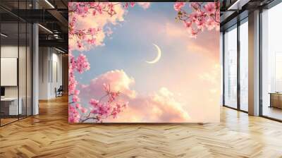 clouds in the sky, pink flowers frame, crescent moon, sunset, beautiful, colorful, fantasy, surreal Wall mural