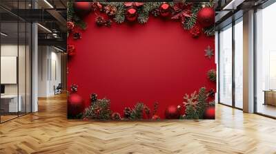 Create a festive Christmas poster background in red, adorned with holiday decorations around the edges, leaving the center blank for content. Wall mural