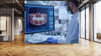 orthodontist doctor creates a treatment plan in the form of a graph on a virtual screen, medical laboratory, realism, professional photo Wall mural