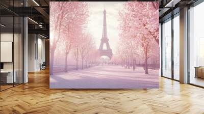 photo of empty space under trees with eiffel tower scene in background using gold, white and pink tones Wall mural