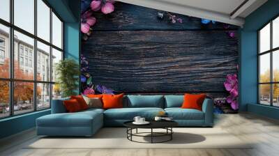 summer vibes dark rustic wood backdrop with roots curving around the wood. deep purple, pink, and blue flowers blooming, thick on the edges. Wall mural