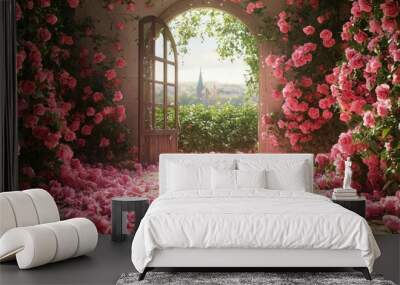 The entrance of the room is covered with pink roses, and outside there's an arched window with a view of nature. The floor is scattered  Wall mural