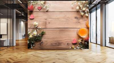 ultra wide angle flat lay valentines day decor on a light wooden table with large empty table space mimosa brunch and valentines day decorations, soft warm lighting, negative space Wall mural