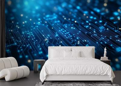 Abstract digital network circuit board background banner with glowing light and connecting data dots in blue and black colors. Big data technology concept. Wall mural