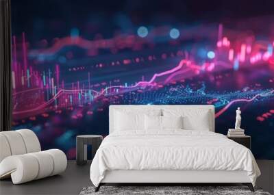 An abstract depiction of stock market trends with radiant neon lines and data points on a dark backdrop, representing financial growth. Wall mural