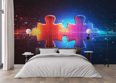 Digital representation of API integration concept with two interlocking puzzle pieces against a futuristic tech-inspired abstract background, symbolizing connectivity and interoperability Wall mural