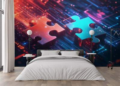 Digital representation of API integration concept with two interlocking puzzle pieces against a futuristic tech-inspired abstract background, symbolizing connectivity and interoperability Wall mural