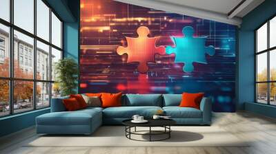 Digital representation of API integration concept with two interlocking puzzle pieces against a futuristic tech-inspired abstract background, symbolizing connectivity and interoperability Wall mural