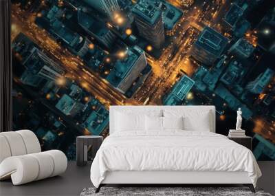 Modern city aerial view and communication network concept. Smart city. Wireless telecommunication  Wall mural