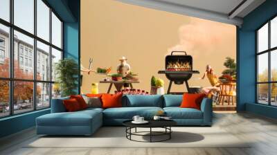 Photo of an ultra-realistic barbecue scene set against a solid background. sleek, modern grill with glowing coals and perfectly grilled meat and vegetables, emitting appetizing smoke. Wall mural