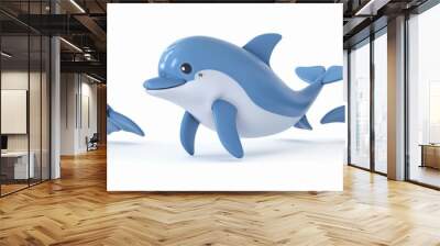 Set of 3D cute happy cartoon dolphin with splashing water, isolated on white background  Wall mural