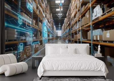 Smart warehouse management system using augmented reality technology to identify package picking and delivery . Future concept of supply chain and logistic business  Wall mural