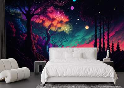 Landscape abstract background with trees moon illustration on dark background. Mystical forest. Generative AI Wall mural