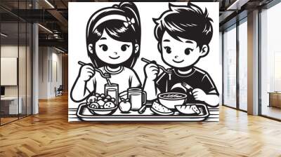 Children Eating Healthy Lunch Vector Illustration Silhouette Wall mural