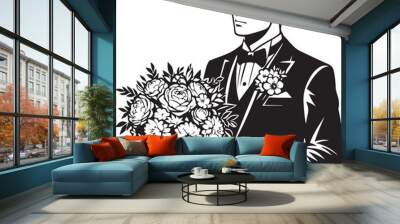 Groom with bouquet of flowers Vector Illustration Silhouette Wall mural