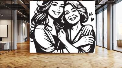 Smiling woman embracing mother-in-law Vector Illustration Silhouette Wall mural