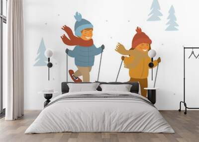 cute children boy and girl snowshoeing in winter forest isolated vector illustration cartoon graphic Wall mural