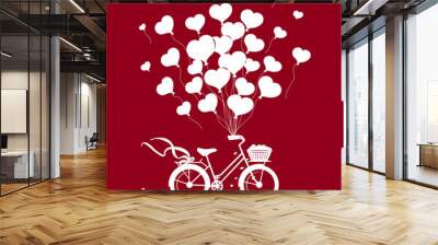 Romantic Bike with balloons in shape of hearts silhouette over red background Wall mural