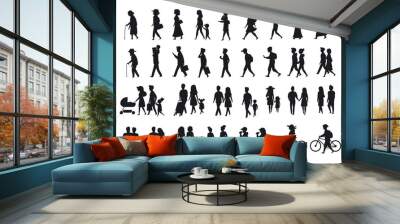 sihlouettes set of people walking.family couples,parents, man and woman different age generation walk with bikes,smartphones, coffee,eat,texting,talking, side back and front views isolated vector  Wall mural