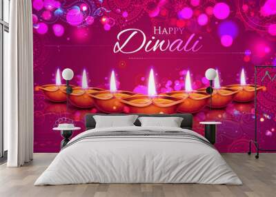 burning diya on happy diwali holiday background for light festival of india Wall mural