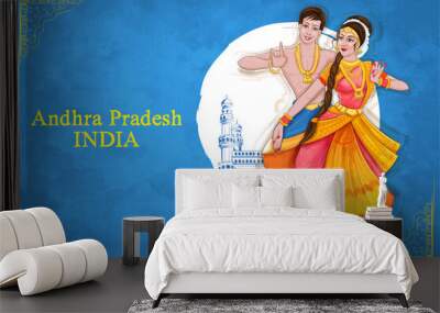 couple performing Kuchipudi dance traditional folk dance of Andhra Pradesh, India Wall mural