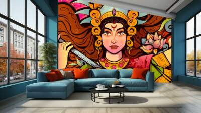 Goddess Durga Face in Happy Durga Puja Subh Navratri background Wall mural