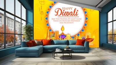 illustration of burning diya on happy Diwali Holiday background for light festival of India Wall mural