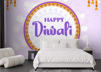 illustration of decorative burning oil diya on Happy Diwali Holiday background for light festival of India Wall mural