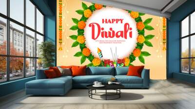 illustration of decorative burning oil diya on Happy Diwali Holiday background for light festival of India Wall mural