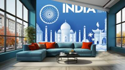 illustration of Famous Indian monument and Landmark for Happy Independence Day of India Wall mural