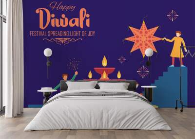 illustration of Indian people celebrating on Happy Diwali Hindu Holiday background for light festival of India Wall mural