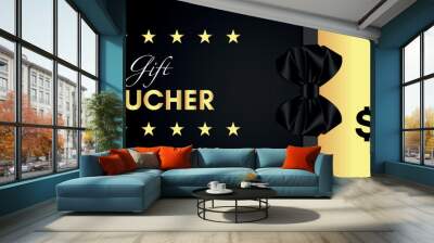 150 Dollar value gift voucher template design with black bow and gold star isolated on black background. Special offer gift voucher template to save money. Gift certificates, tickets, coupon code. Wall mural