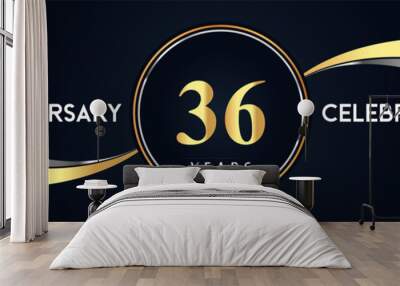 36 years anniversary celebration logo design with gold and silver creative shape on black pearl background. Premium design for poster, banner, weddings, birthday party, celebration event. Wall mural