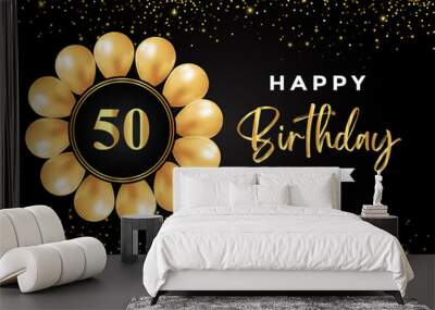 Happy 50th birthday with gold balloon and gold glitter isolated on black background. Premium design for birthday card, invitation card, flyer, brochure, greeting card, and anniversary celebration. Wall mural