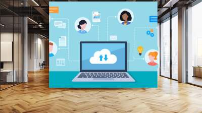 Laptop with a cloud connection icon on the screen. Around the laptop are employee avatars. Next to them are icons of light bulbs, gears, conversation, document, calendar. Flat design illustration.  Wall mural