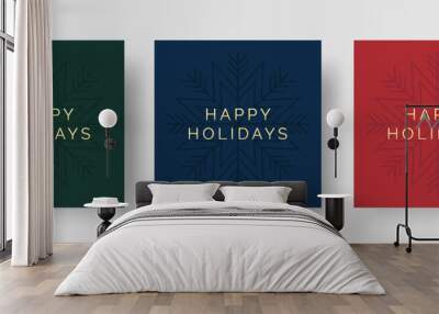 Happy holidays Christmas card design templates. Set of square Christmas greeting card designs with simple snowflake illustration and gold text. Simple and modern Christmas card templates. Wall mural