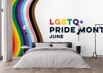 LGBTQ+ Pride Month Banner. LGBTQ Pride Month Text with Wavy Pride Flag Design Element. Vector Illustration Wall mural