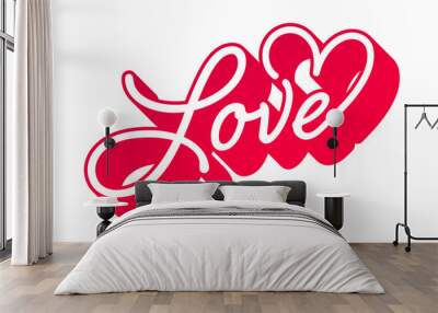 Love handwritten style lettering with heart flourish 3D shadow effect Wall mural