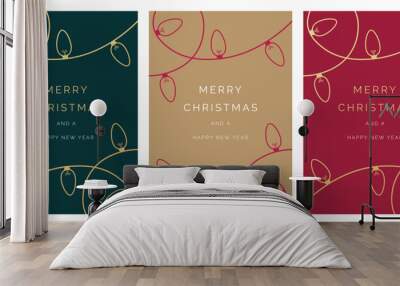 Merry Christmas and Happy New Year Set of greeting cards, holiday cover, invitation template. Modern Christmas lights background design with gold text. Vector template set for Christmas cards. Wall mural