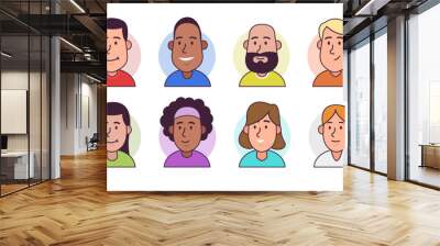 Illustrated flat simple line characters profile images. Cropped headshots. Eight diverse colorful characters. Easy to edit. Wall mural