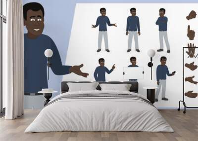 Illustration of black man, wearing business casual clothing in a set of multiple poses. Easy to edit with editable line strokes and isolated on white background. Suitable for animation. Wall mural